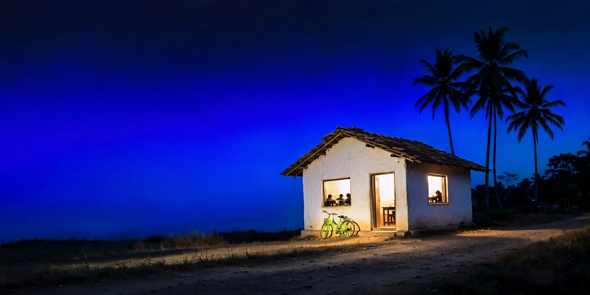 A small tuition class building with warmly lit windows under coconut palms at dusk