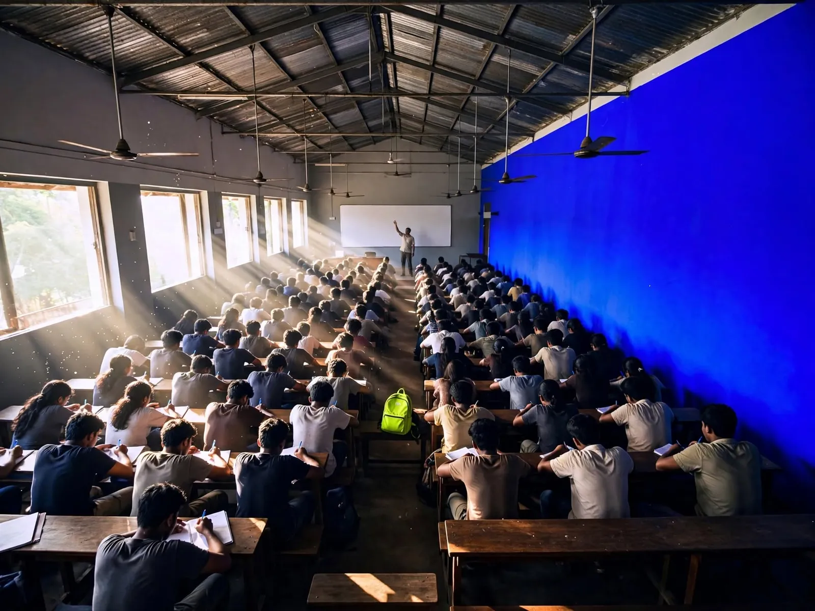 A busy tuition institute lecture hall in Sri Lanka with rows of students and a lecturer at the front
