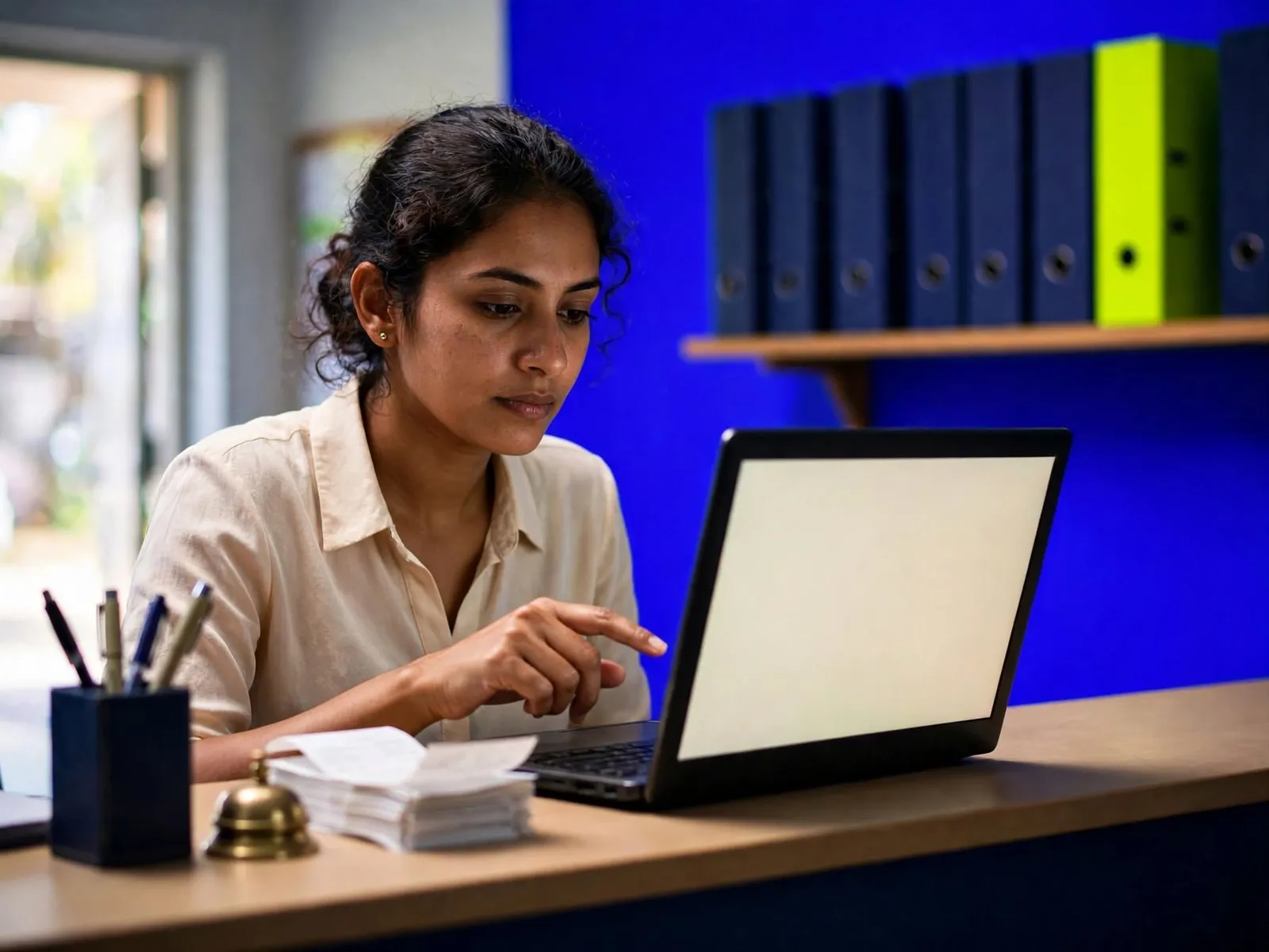 Institute coordinator reviewing student payments on a laptop at the front office