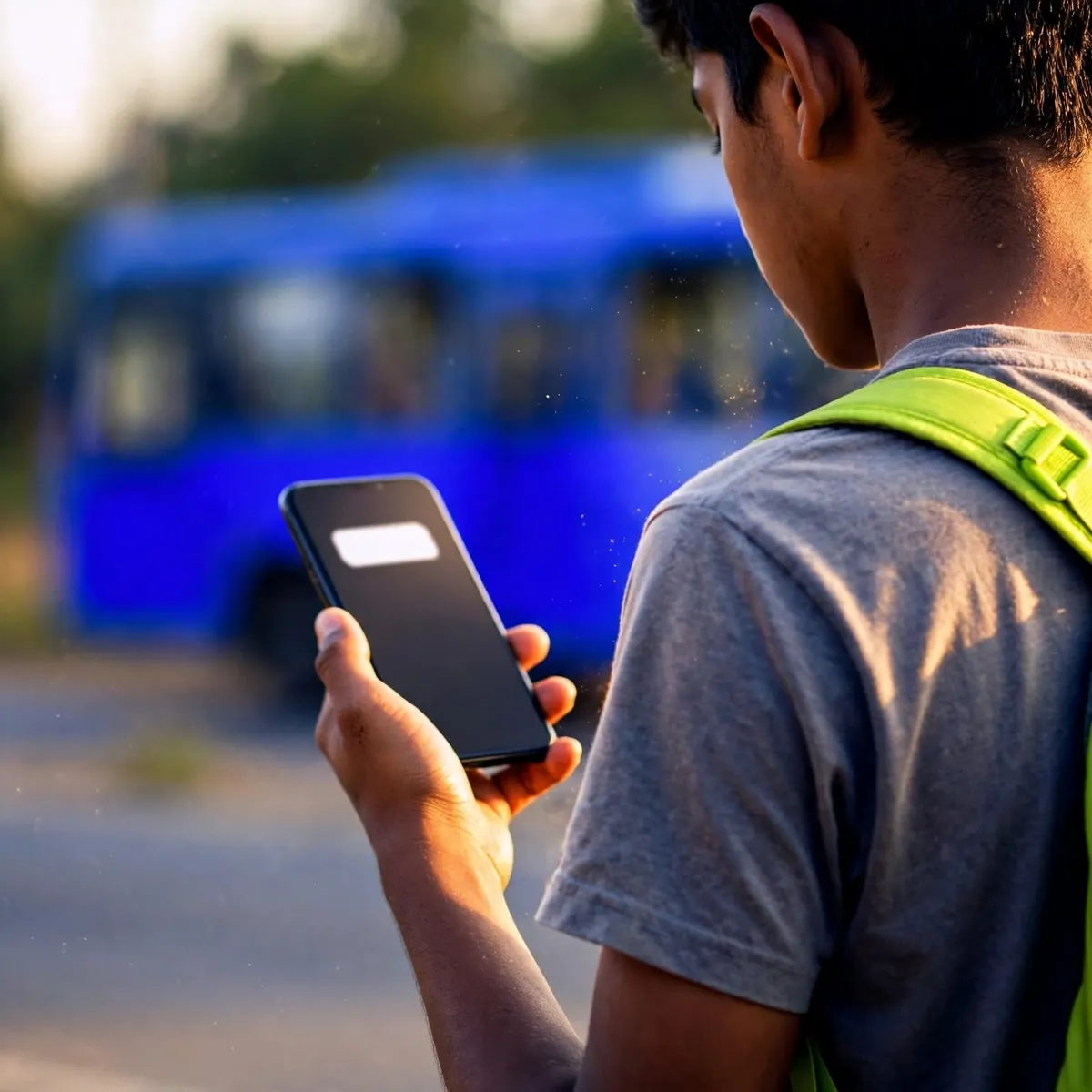 Student checking a class payment reminder SMS on a phone at a bus stop in Sri Lanka