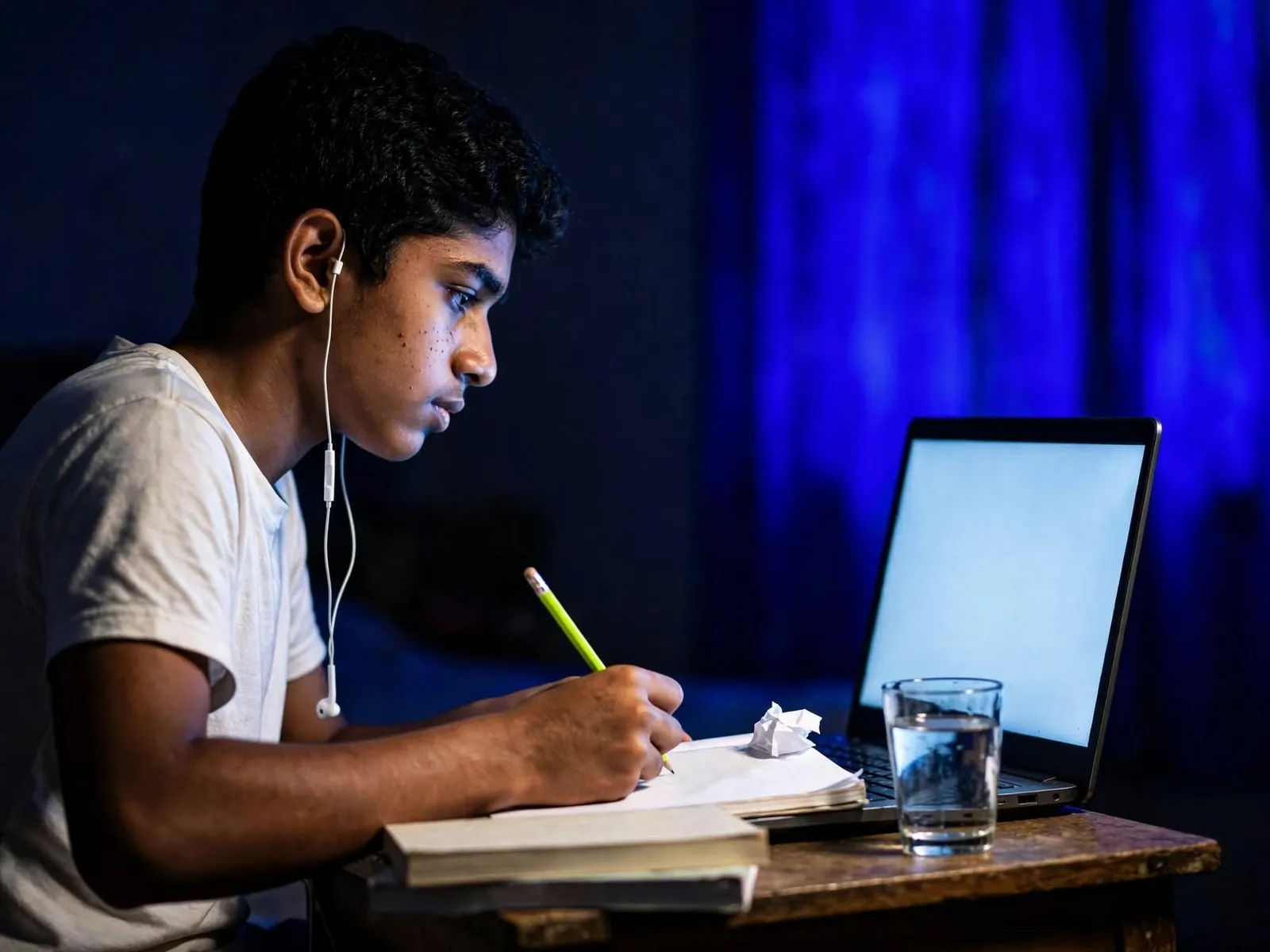 A/L student in Sri Lanka watching a recorded lesson on a laptop at home in the evening