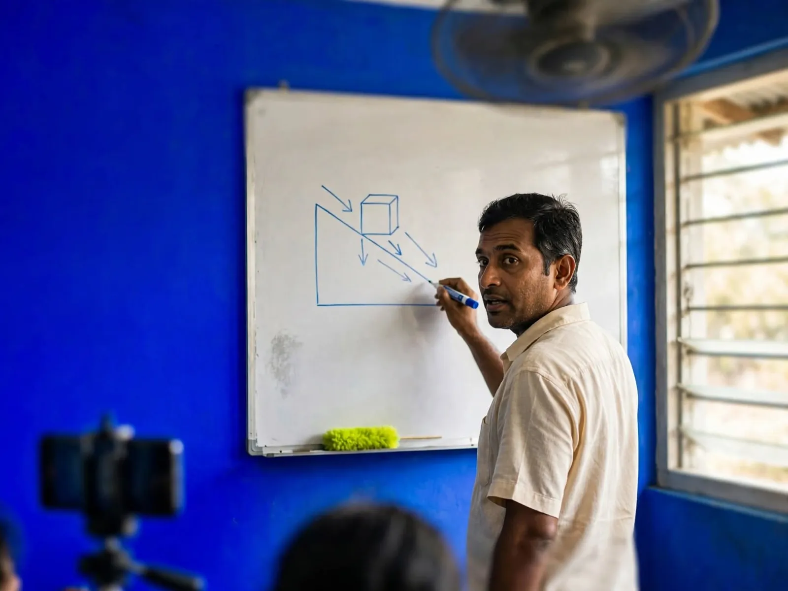 Sri Lankan tuition teacher explaining a physics problem on a whiteboard while a phone records the lesson